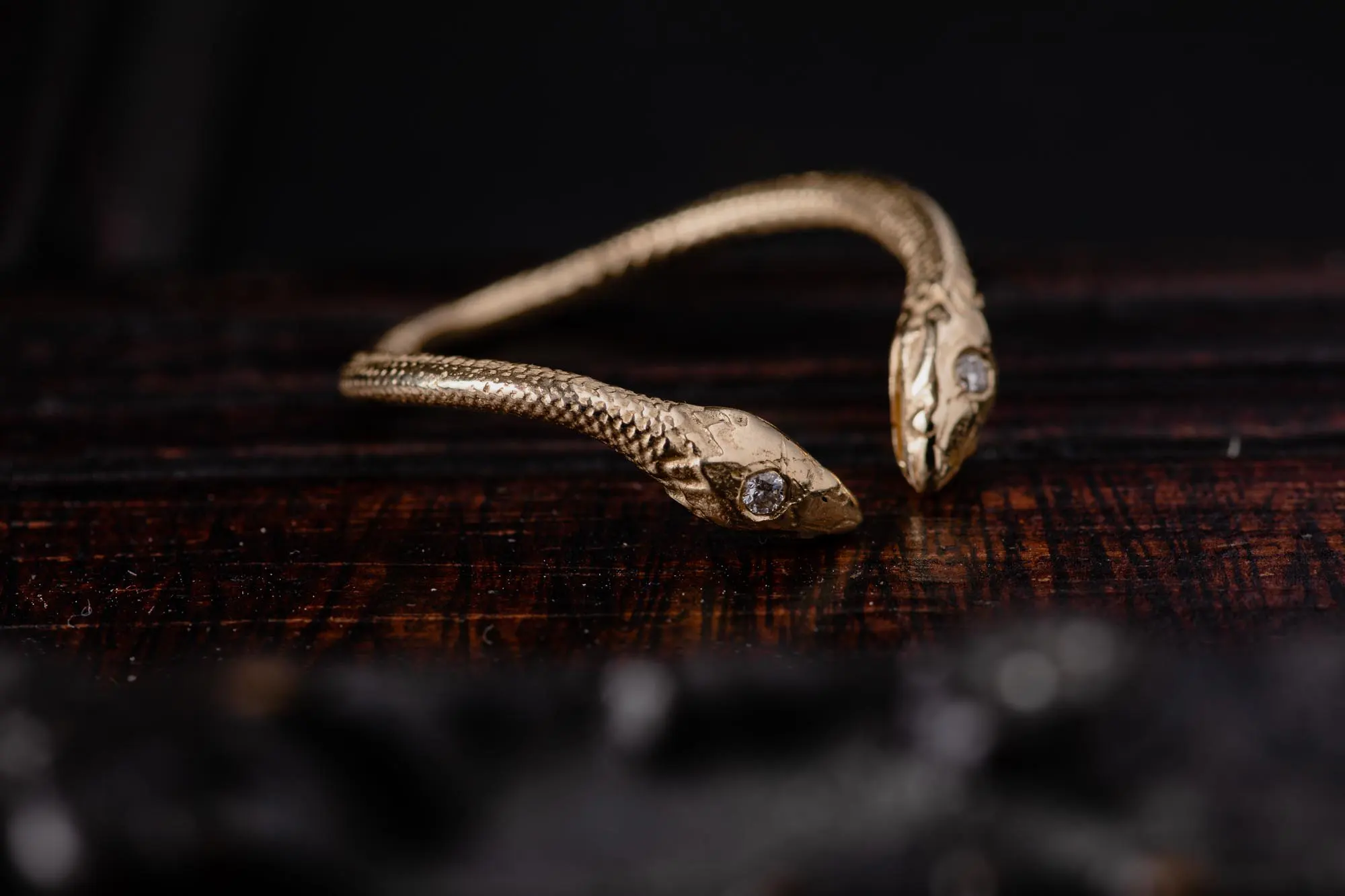 Double Snake 14K Gold Ring With Diamonds - Image 2