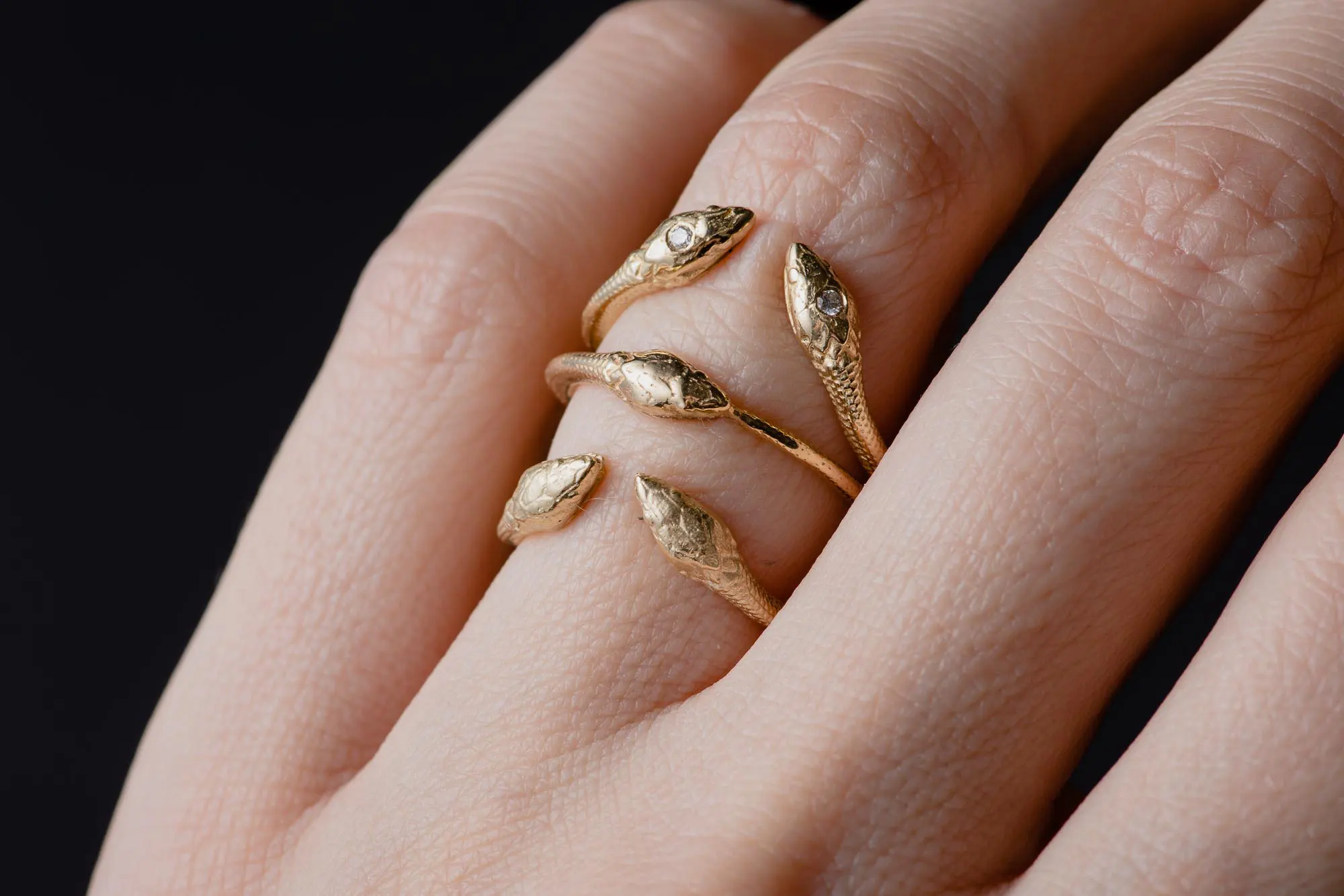 Double Snake 14K Gold Ring With Diamonds - Image 7