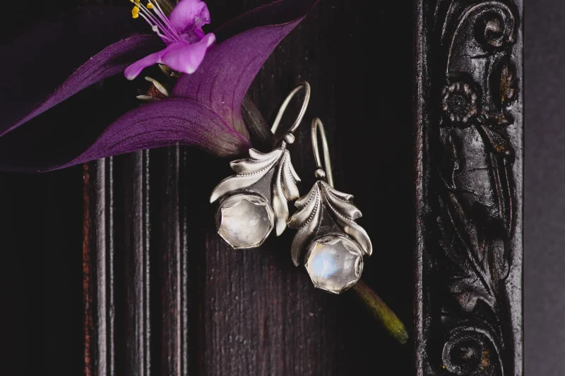 An image showing a pair of Moonstone Sterling Silver Earrings, handcrafted by Marren Jewelry in Greece.