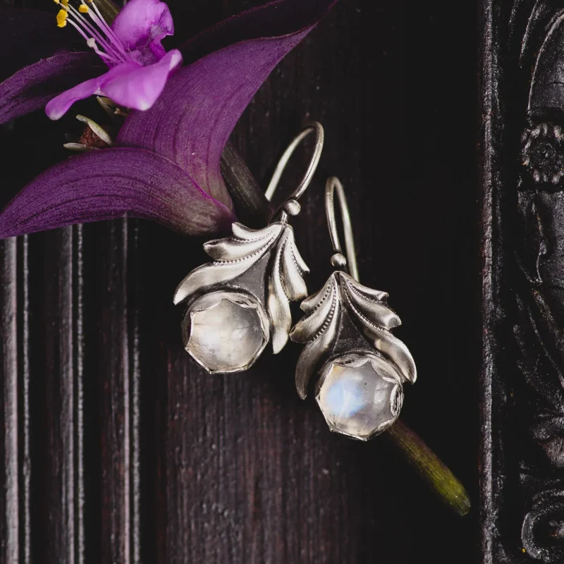 An image showing a pair of Moonstone Sterling Silver Earrings, handcrafted by Marren Jewelry in Greece.