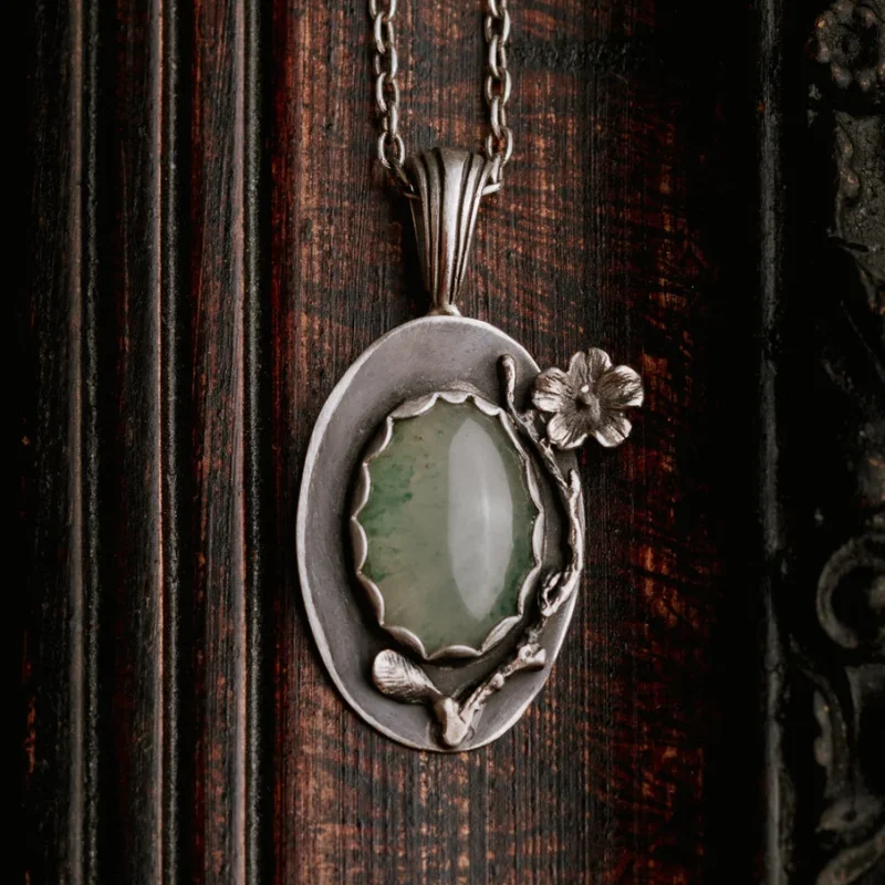 A photo of an Aventurine Flower Sterling Silver Pendant, handcrafted by Marren Jewelry in Greece