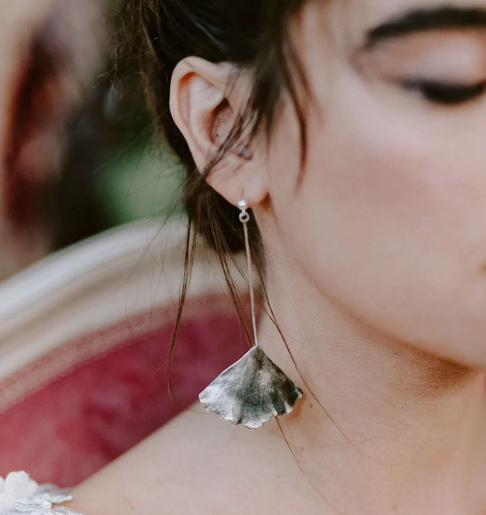 An image of Ginkgo Biloba Sterling Silver Long Earrings, handcrafted by Marren Jewelry studio in Greece.
