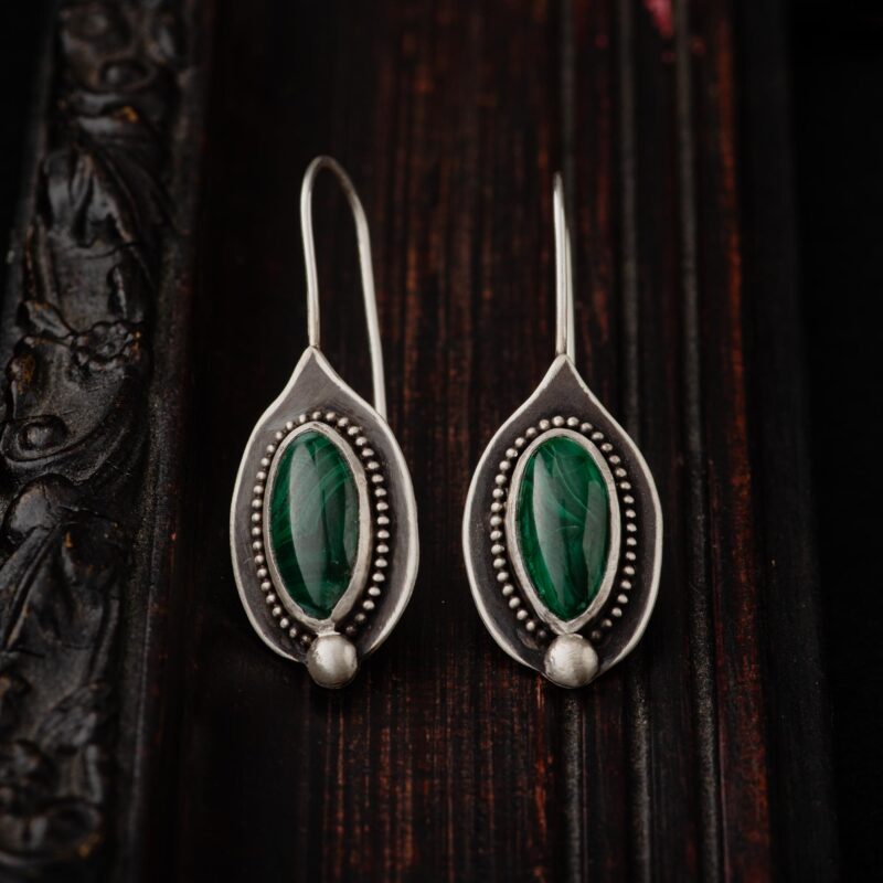 A photo showing Malachite Sterling Silver Long Earrings, handcrafted in Greece by Marren Jewelry
