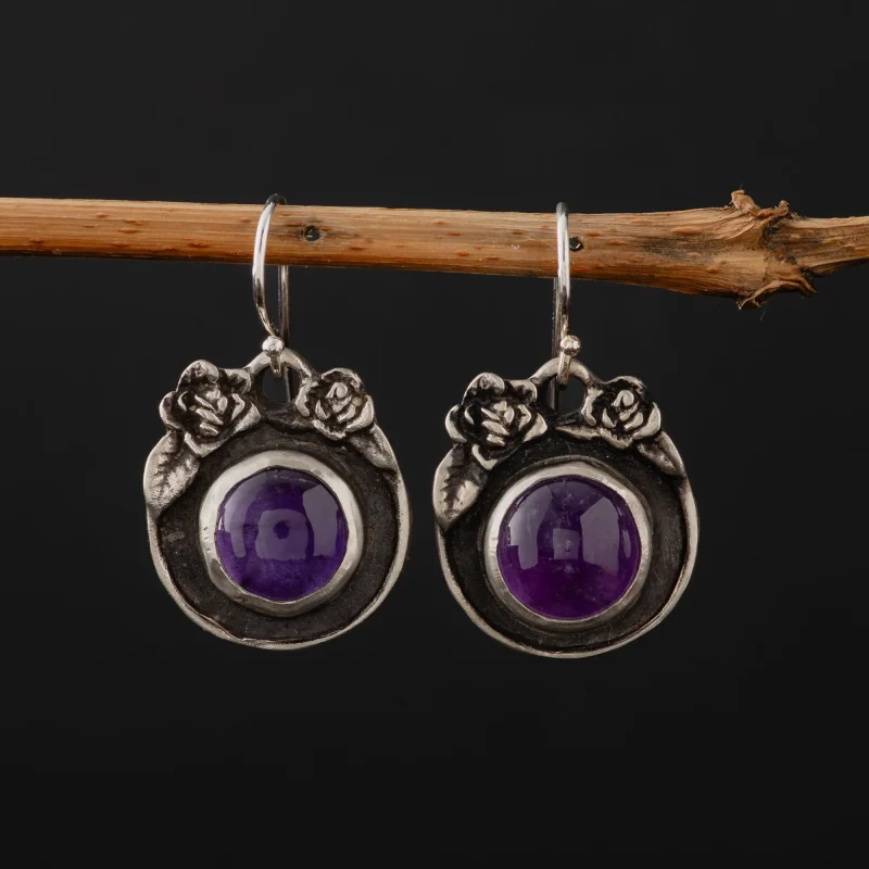 A photo of Amethyst and Roses Sterling Silver Studs, handcrafted by Marren Jewelry studio in Greece