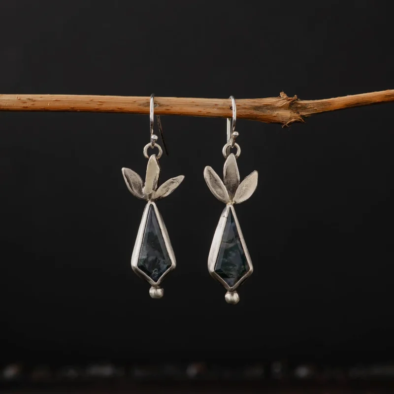 A photo of Moss Agate Leaf Sterling Silver Earrings, handmade in Greece by Marren Jewelry studio