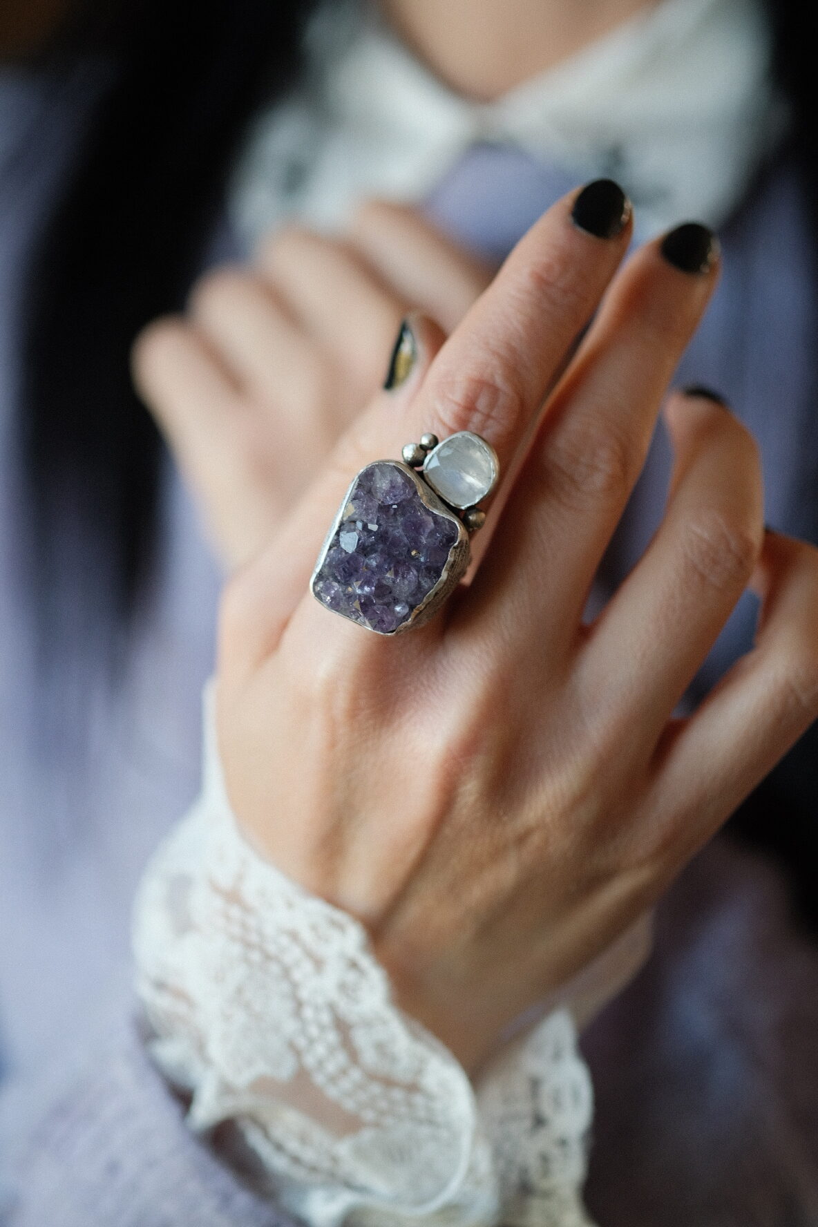 Raw Amethyst and Moonstone Sterling Silver Ring - Marren Jewelry