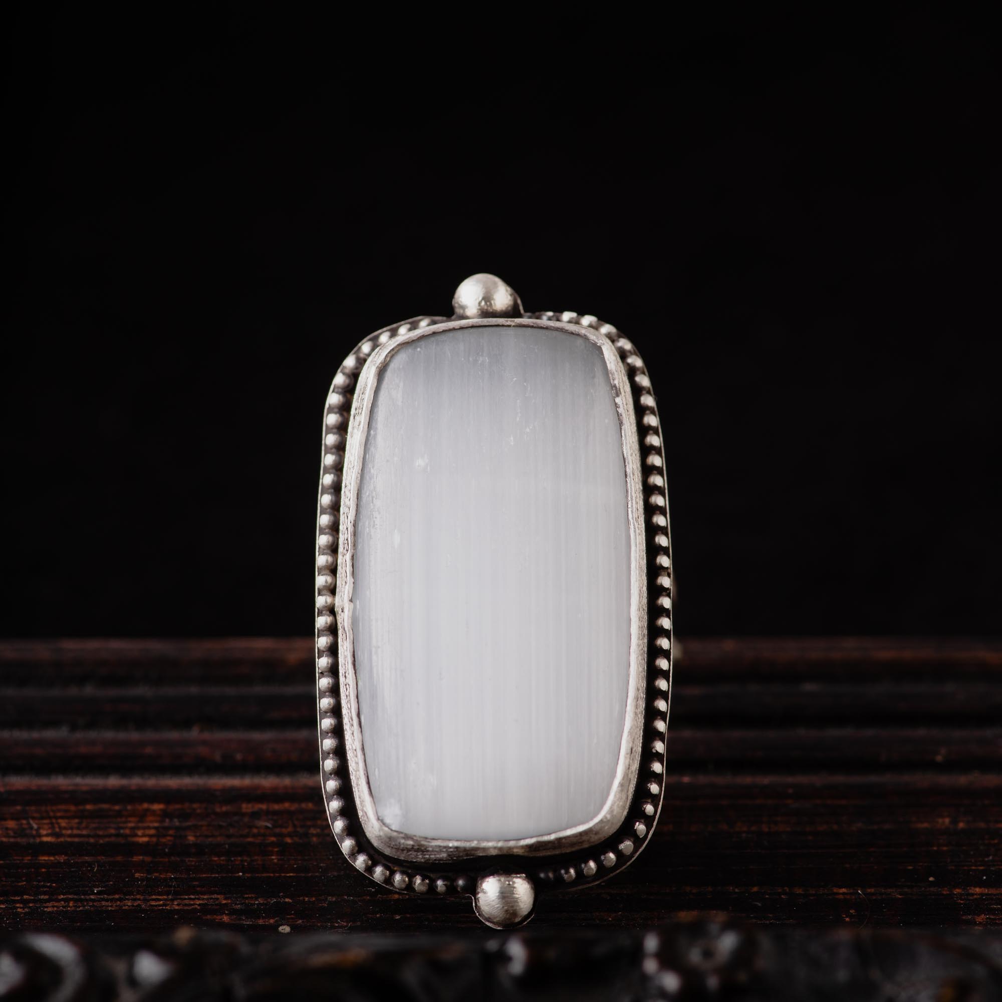 A rectangular gery selenite sterling silver ring