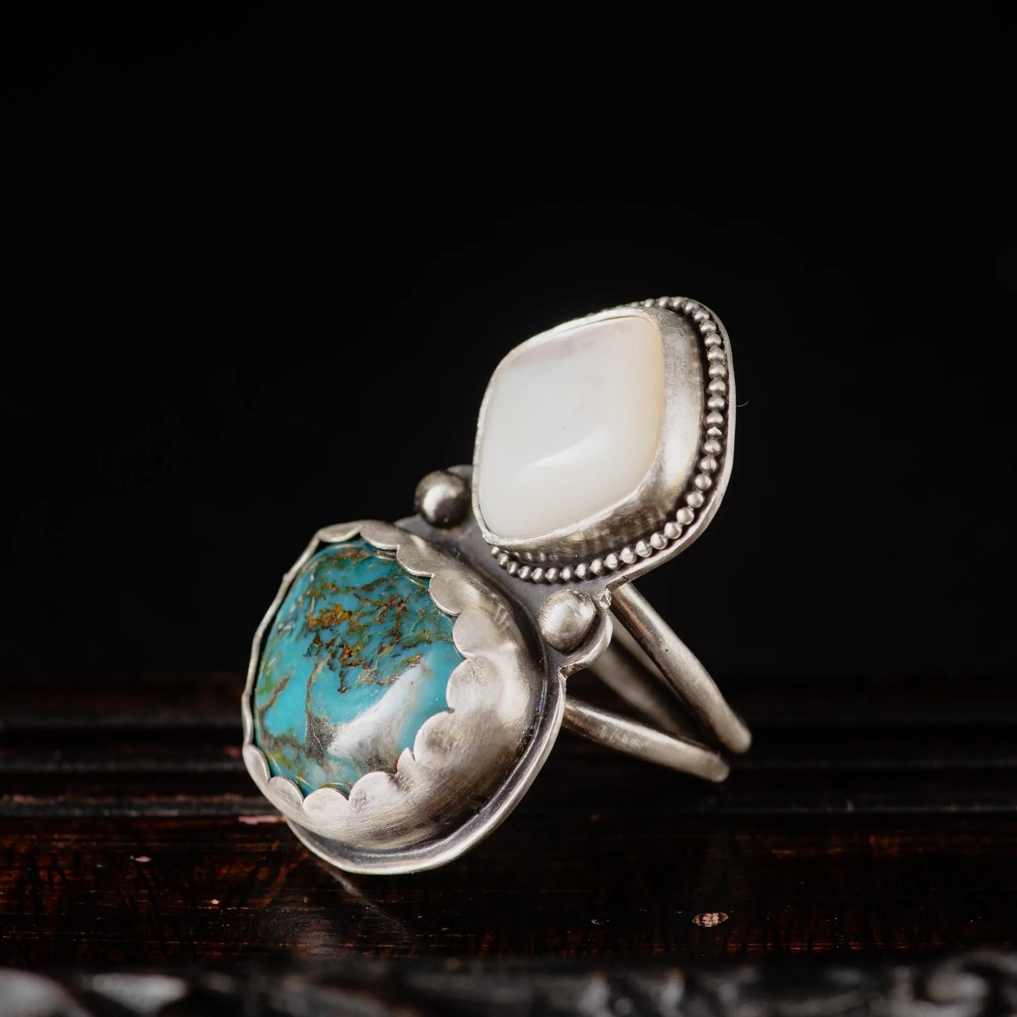 Turquoise and Mother of Pearl Sterling Silver Ring - Image 5