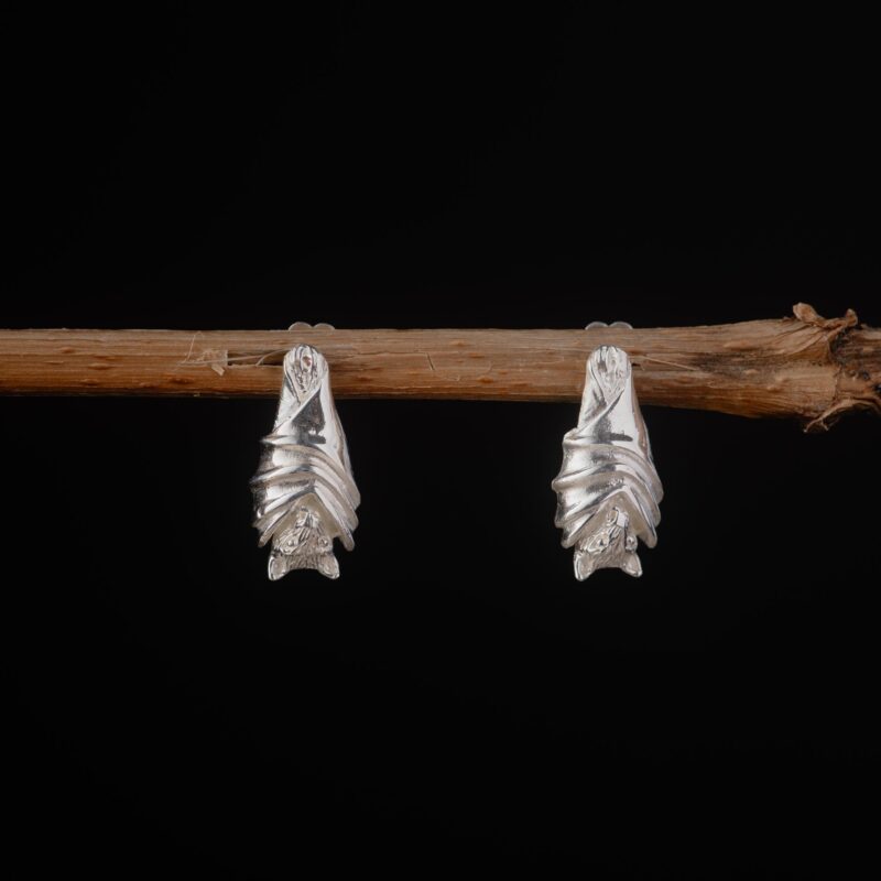 An image showing sterling silver bat stud earrings hanging from a twig