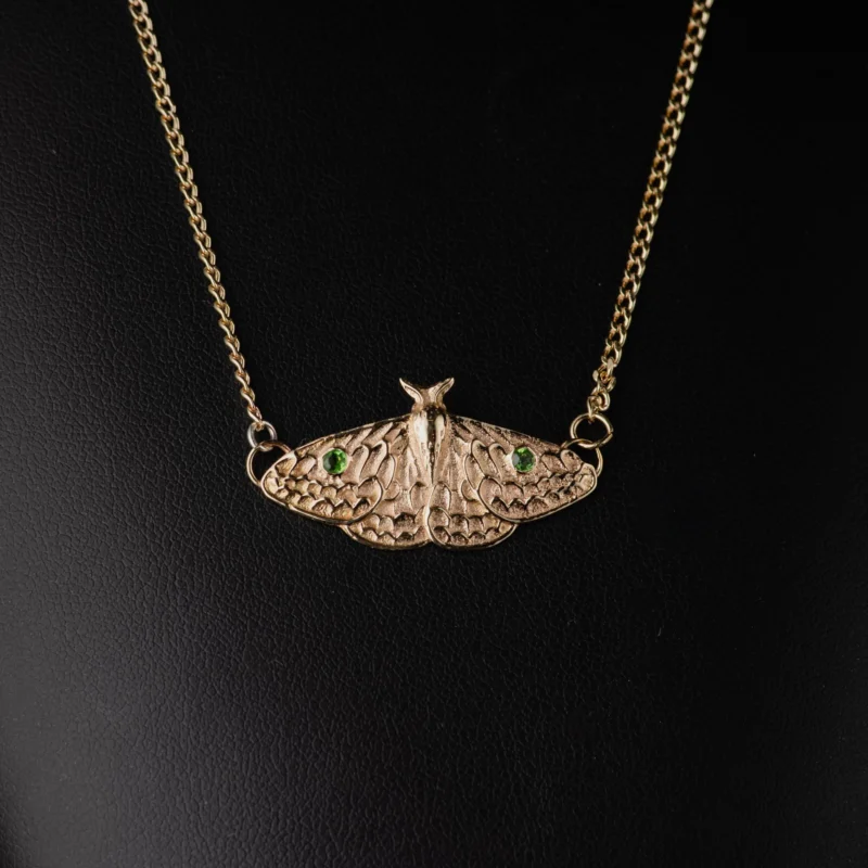 14K Gold Moth Necklace with Green Tourmalines