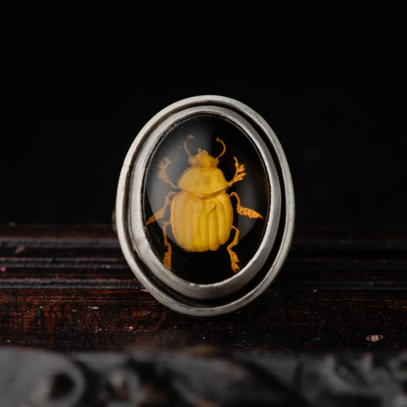 Sterling Silver Scarab Amber Ring