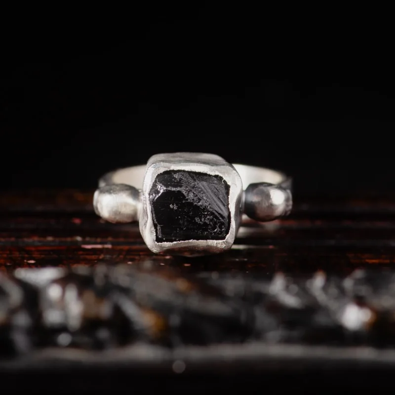 Raw Black Tourmaline and Skulls Silver Ring