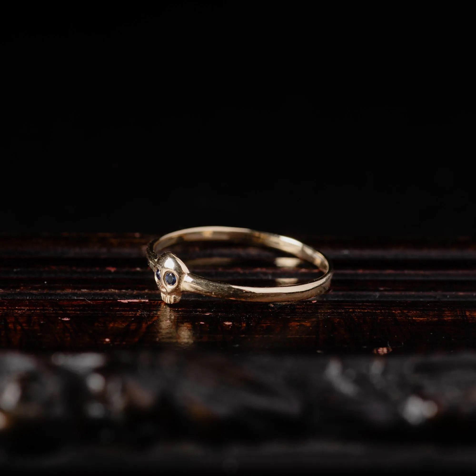 14K Gold Tiny Skull Ring with Blue Sapphire Eyes - Image 5