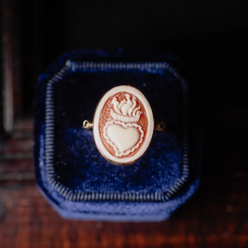 14K Gold Sacred Heart Cameo Ring with Black Diamonds