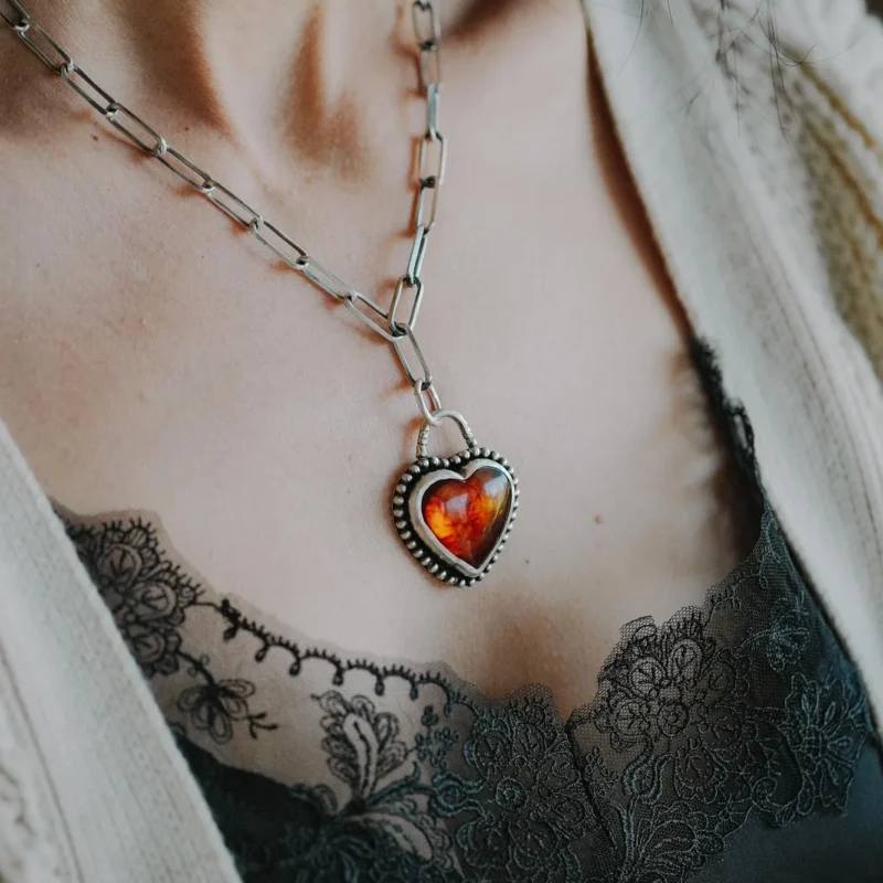 Sterling Silver Amber Heart Statement Necklace