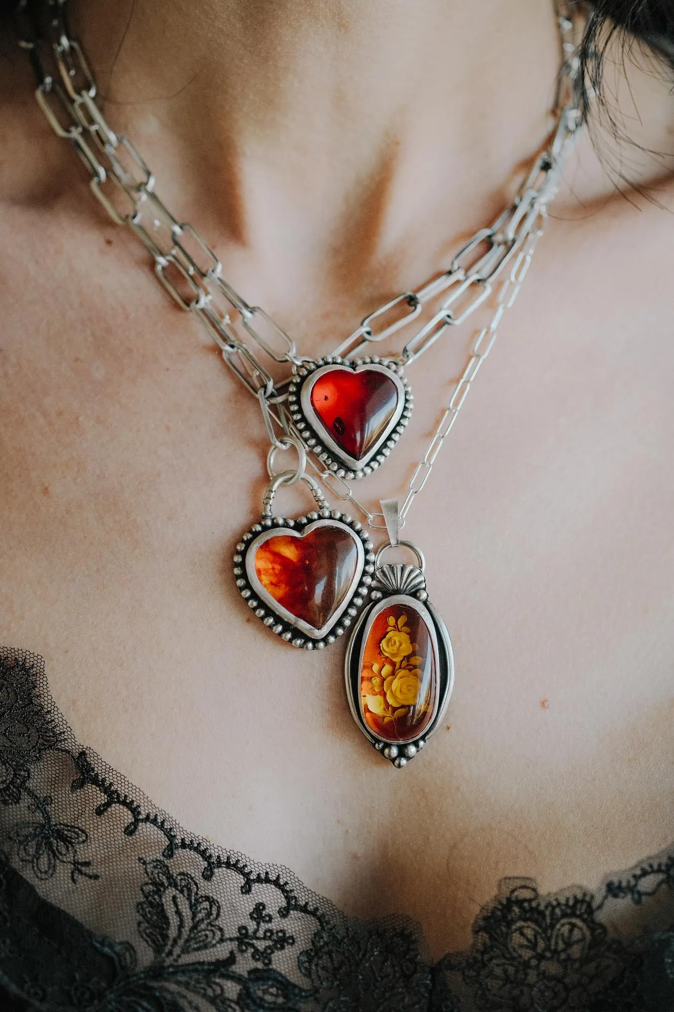 Sterling Silver Amber Heart Statement Necklace - Image 4