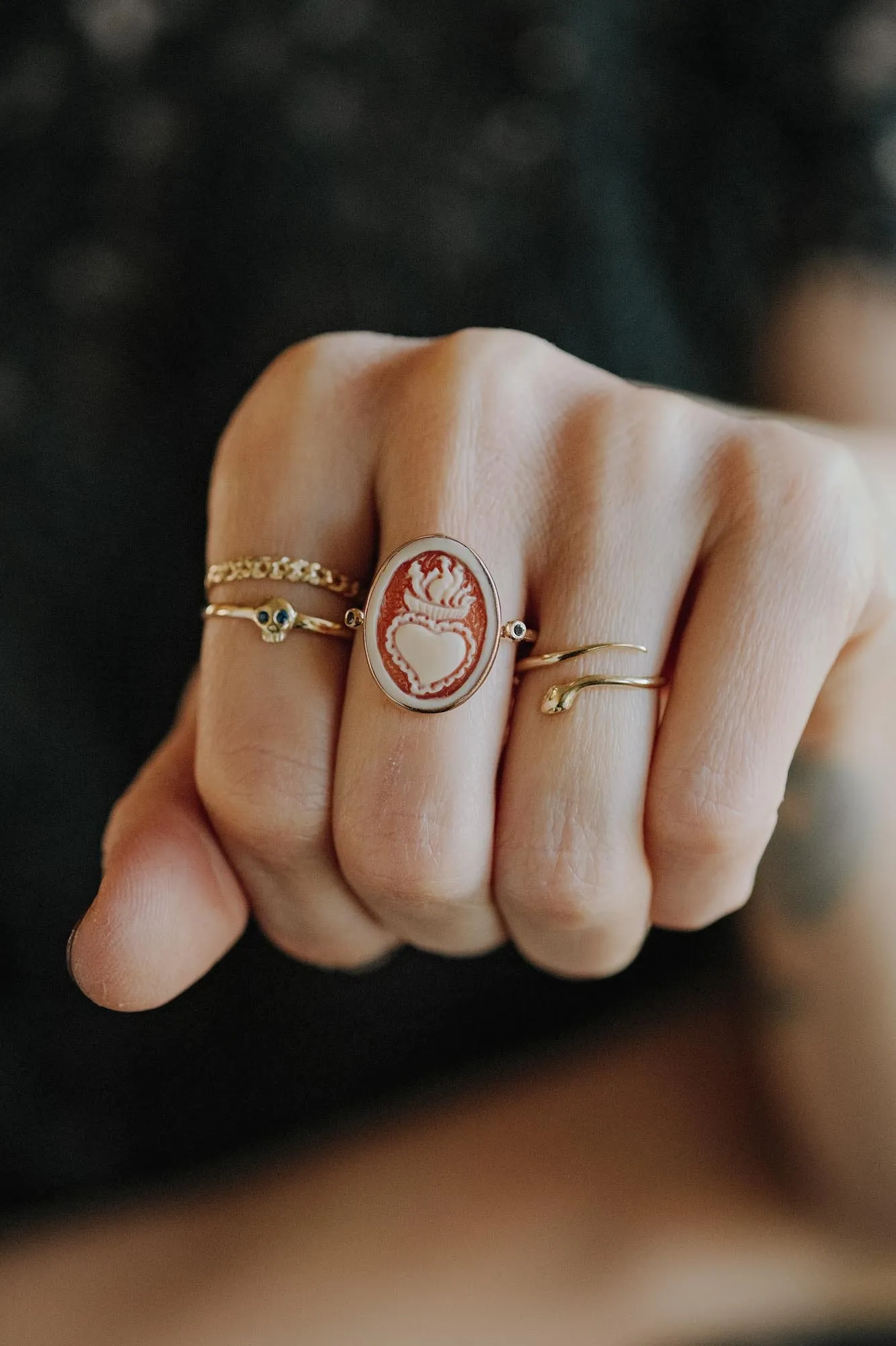 14K Gold Tiny Skull Ring with Blue Sapphire Eyes - Image 6