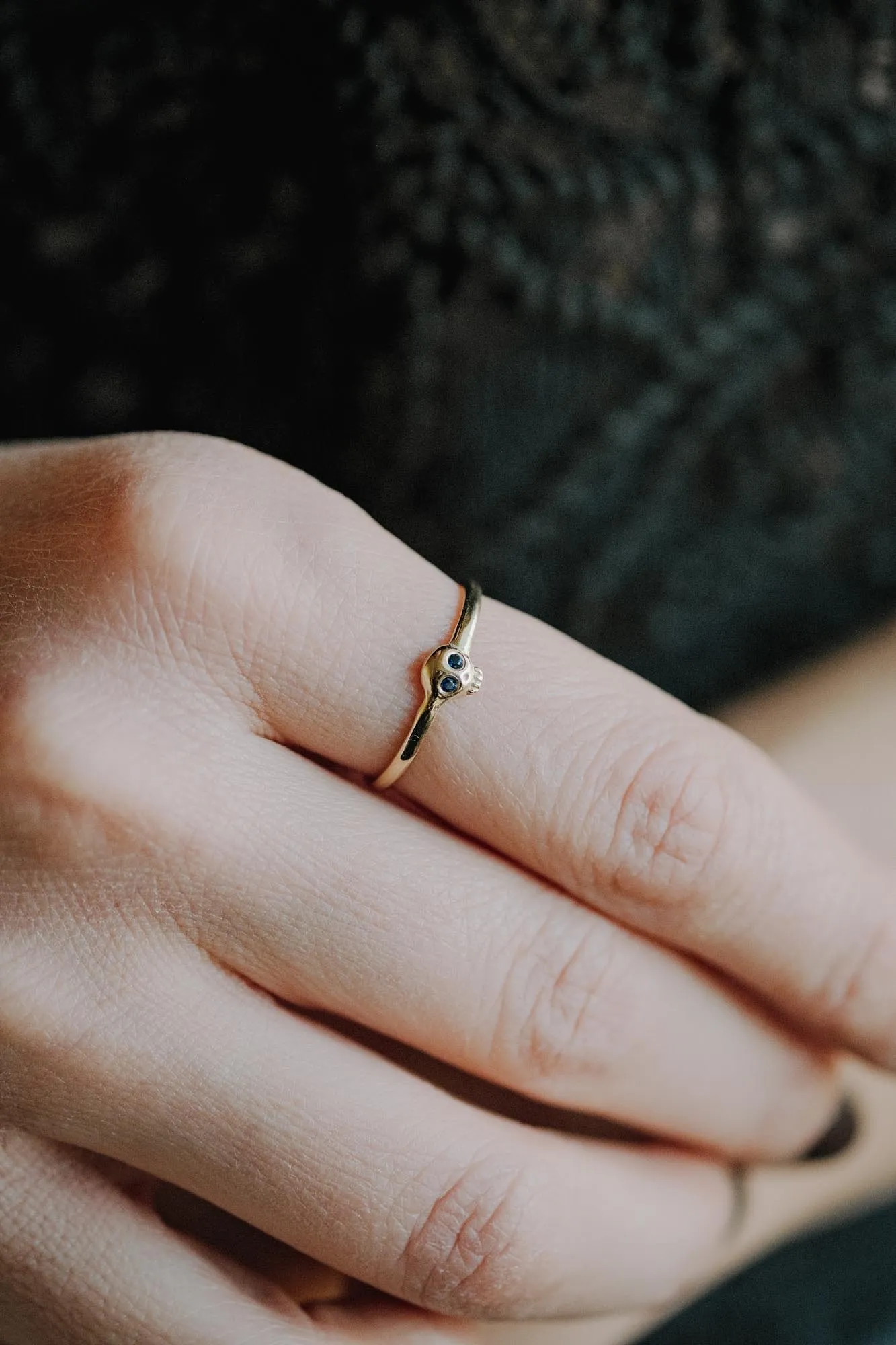 14K Gold Tiny Skull Ring with Blue Sapphire Eyes - Image 3